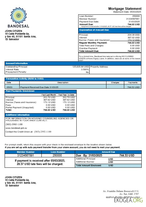 Relevé hypothécaire de la banque Salvador Bandesal aux formats Word et PDF